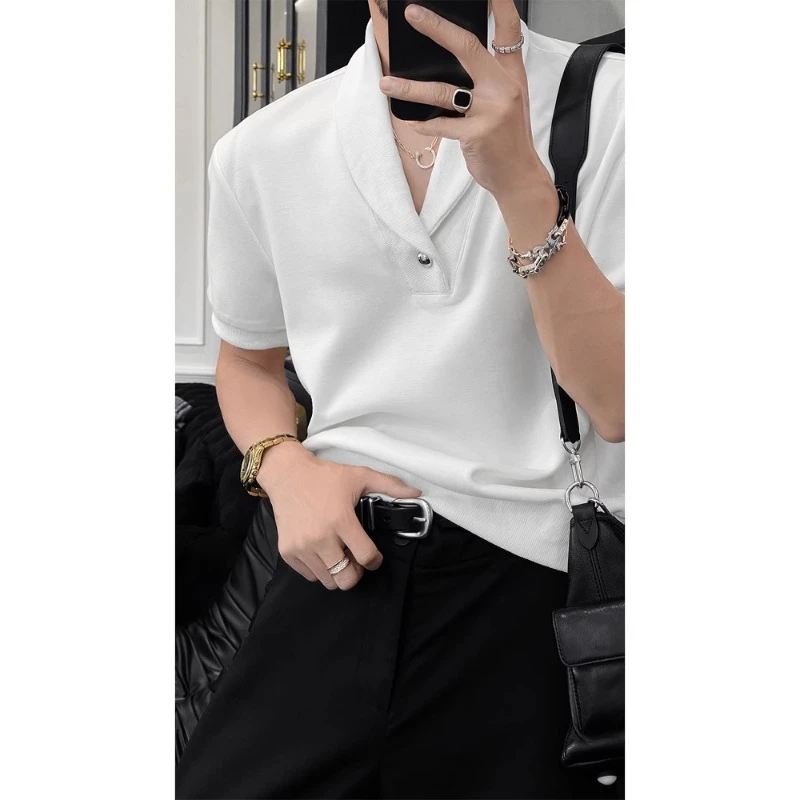 纯色简约高级感设计领polo衫百搭休闲上衣cleanfit痞帅短袖t恤男