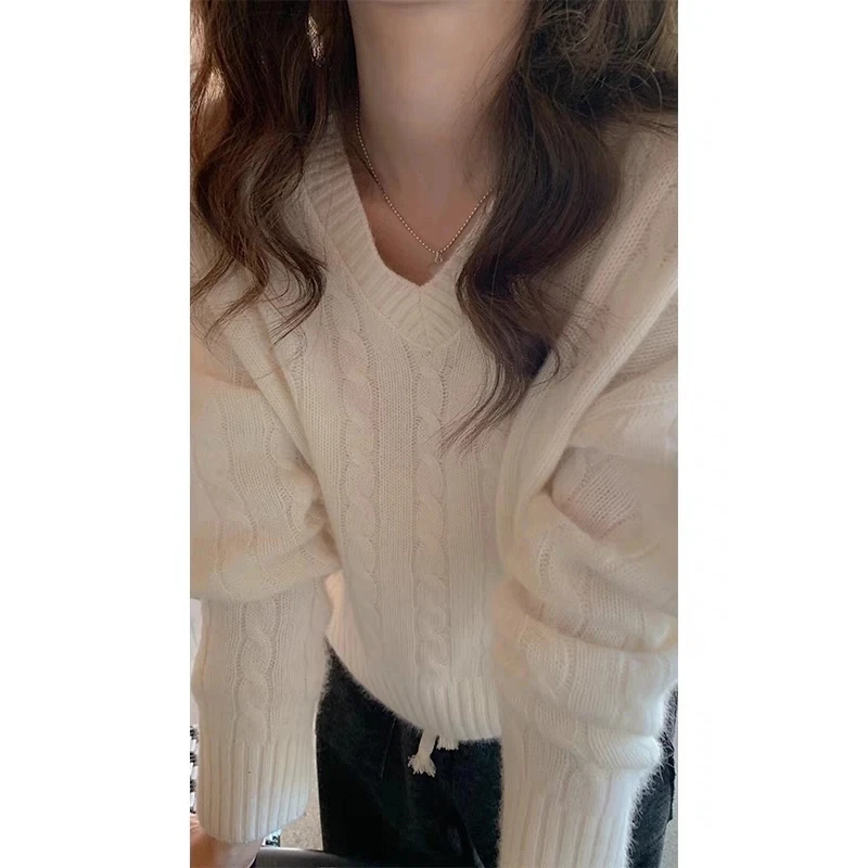 麻花套头V领毛衣女秋冬季2024新款爆款慵懒风软糯加厚针织上衣潮