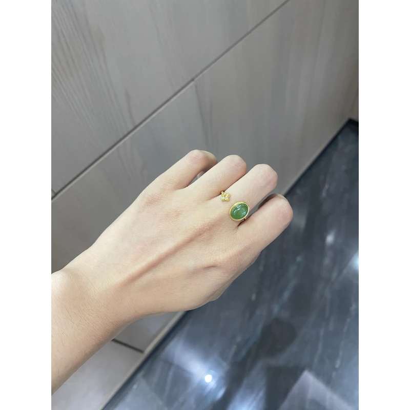 宝森和田玉戒指四钻碧玉戒s925银镀金托优雅轻奢气质活口送朋友