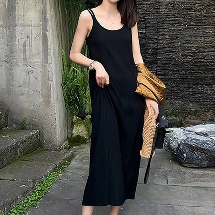 法式双肩带连衣裙女2025春季新款海边度假风显瘦收腰黑色气质长裙