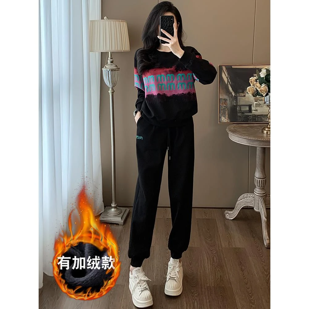 欧洲站休闲运动套装女装冬季新款潮流时尚黑色卫衣卫裤两件套