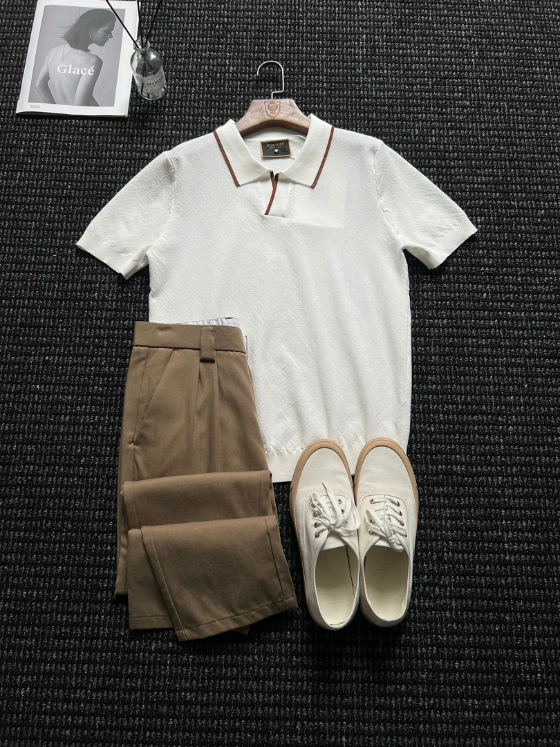 夏季透气凉感短袖Polo衫休闲简约翻领男士针织白色polo衫