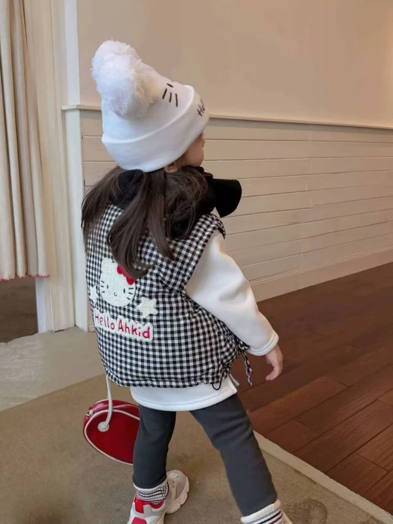 女童棉服冬季2025新款儿童卡通保暖防寒马甲背心宝宝休闲格子外套