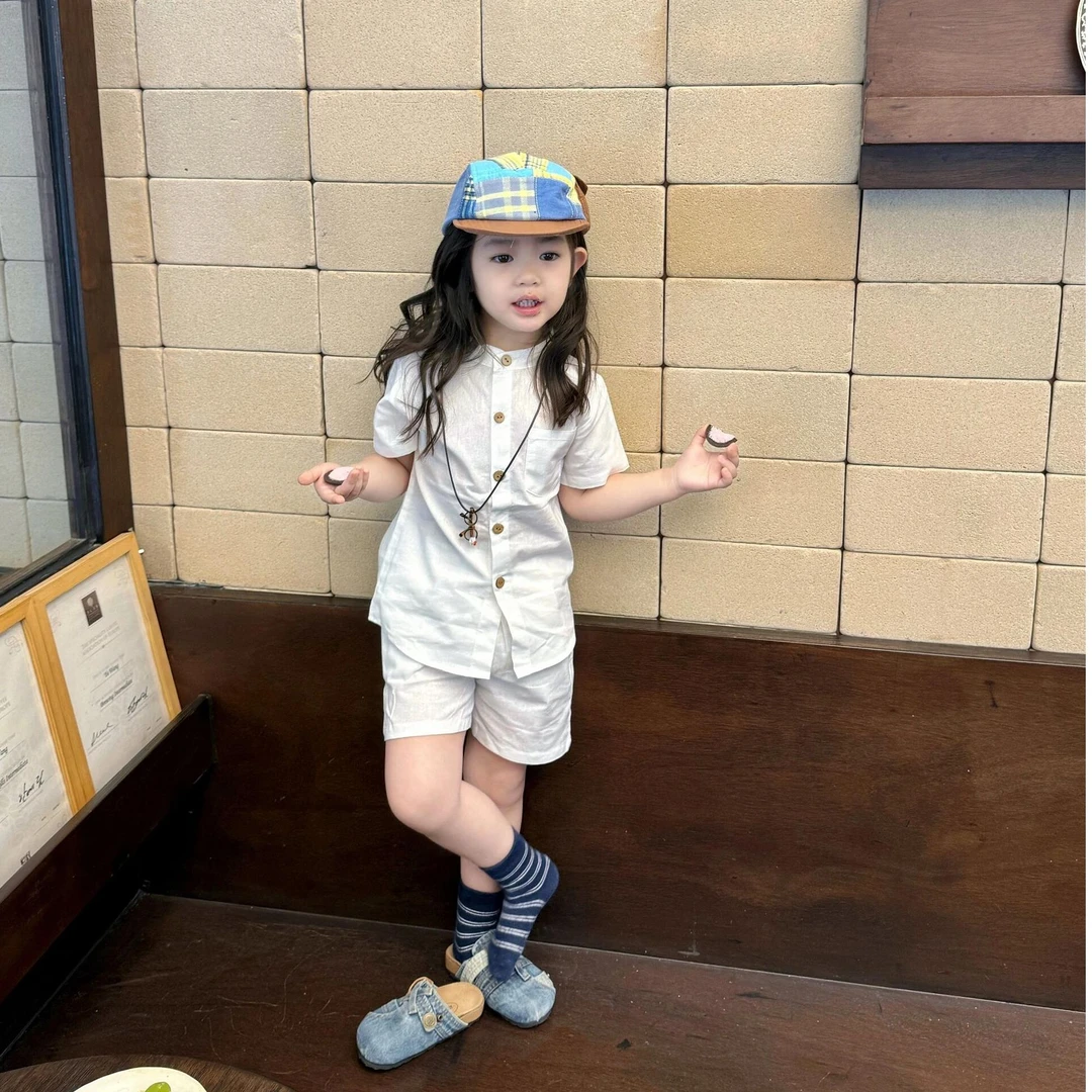 现货】壹妈童装女童夏装套装2025新款洋气儿童百搭单排扣短袖短裤