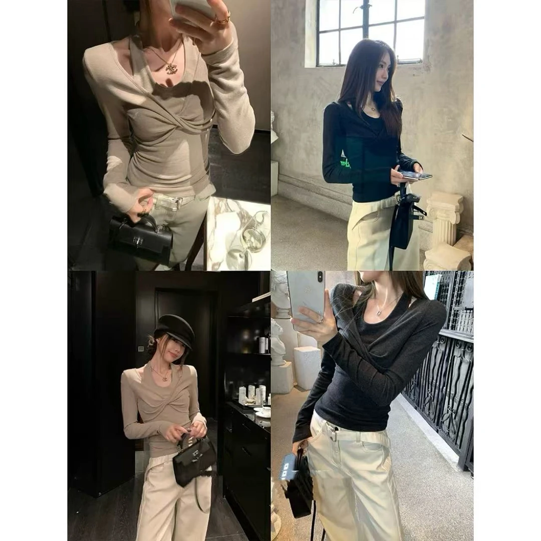 徐秋阳   挂脖纽结t 纯欲扭结挂脖长袖内搭膨体暖绒上衣15021