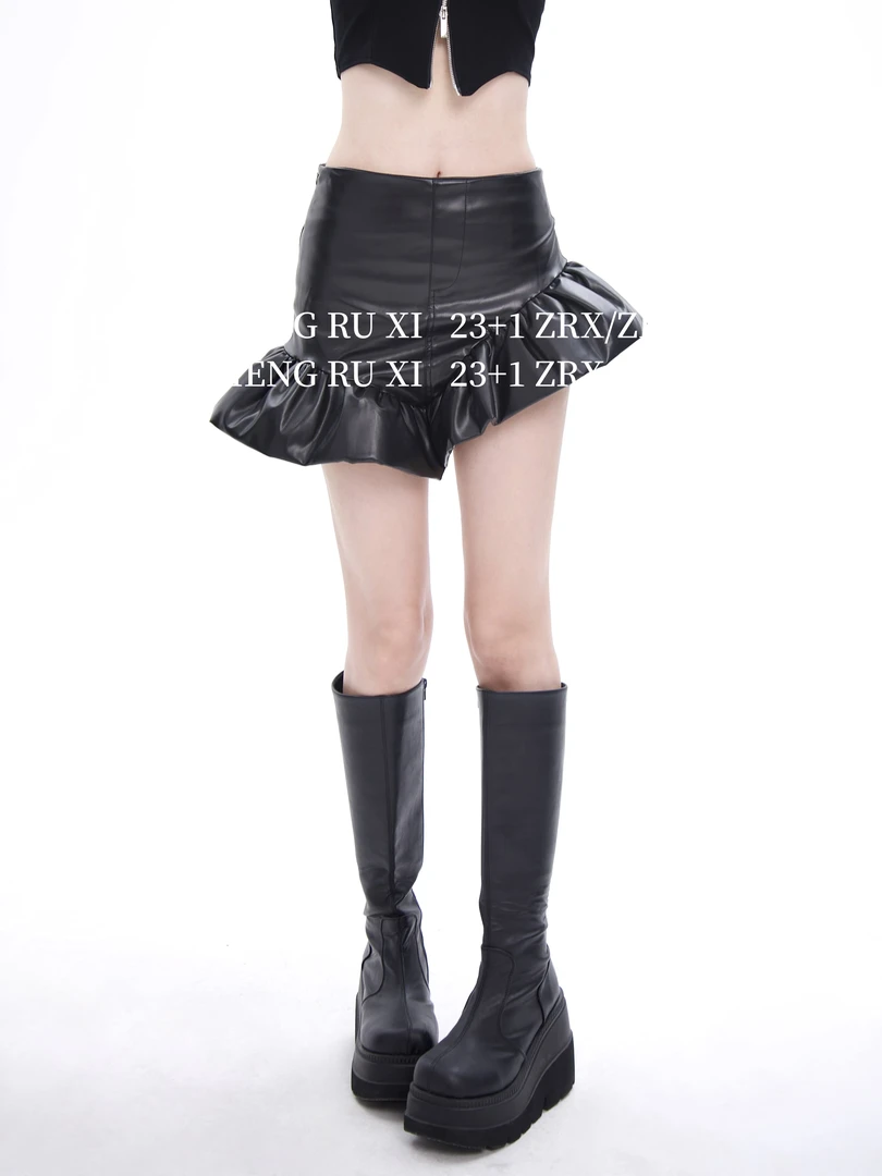 付新博女装荷叶边皮短裙女小众辣妹不规则PU皮包臀裙半身裙13701
