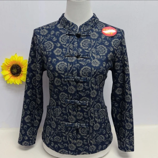 新款立领盘扣提花双兜妈妈春秋开衫外套