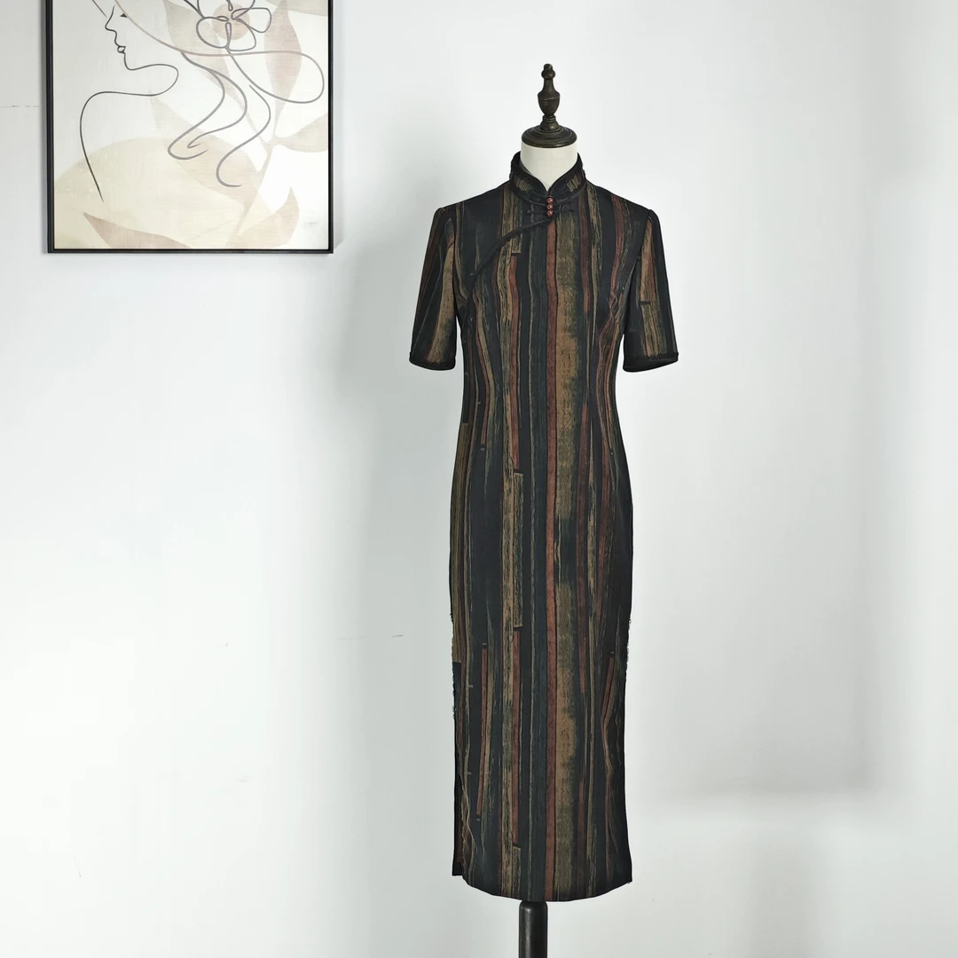 【如墨】褀玉咖黑修身复古气质国风夏季长款网红优雅显瘦旗袍中式