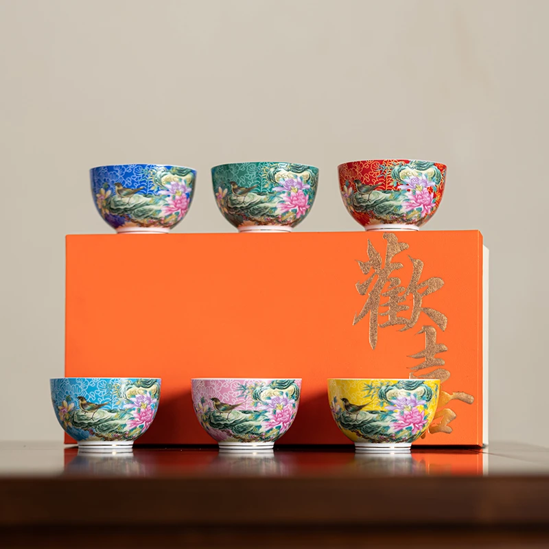 陶瓷茶具宫廷珐琅彩扒花功夫茶器手工精品礼盒大主人品茗单杯套装