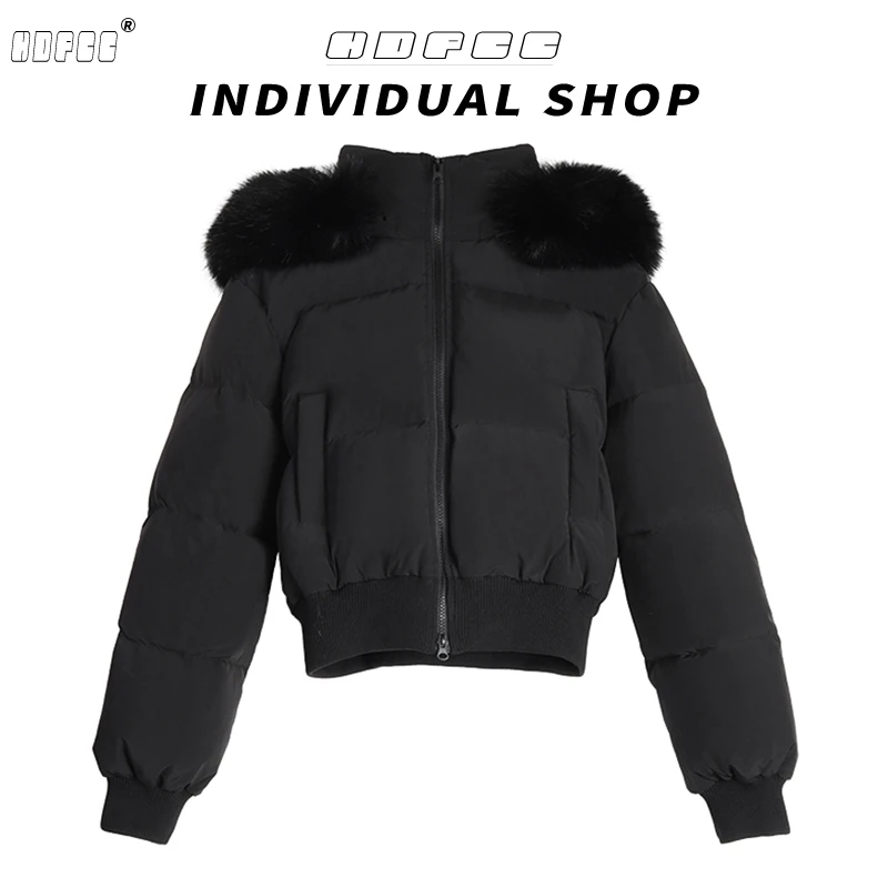 现货高级感连帽毛领短款棉服女冬季休闲黑色韩系加厚保暖面包服潮