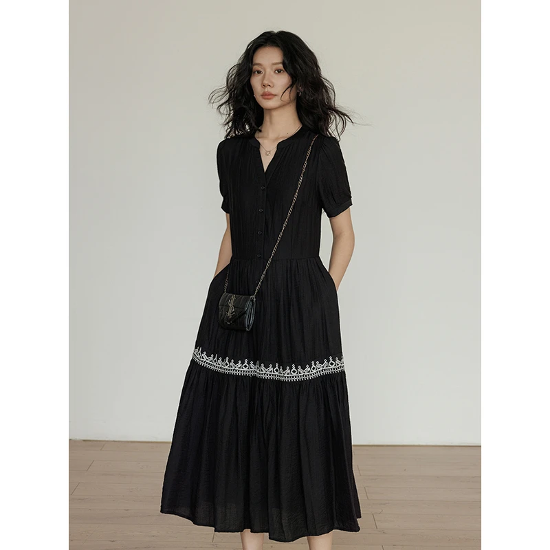 vastand维尚 黑色气质法式连衣裙想夏季裙子轻奢高级小众小黑裙