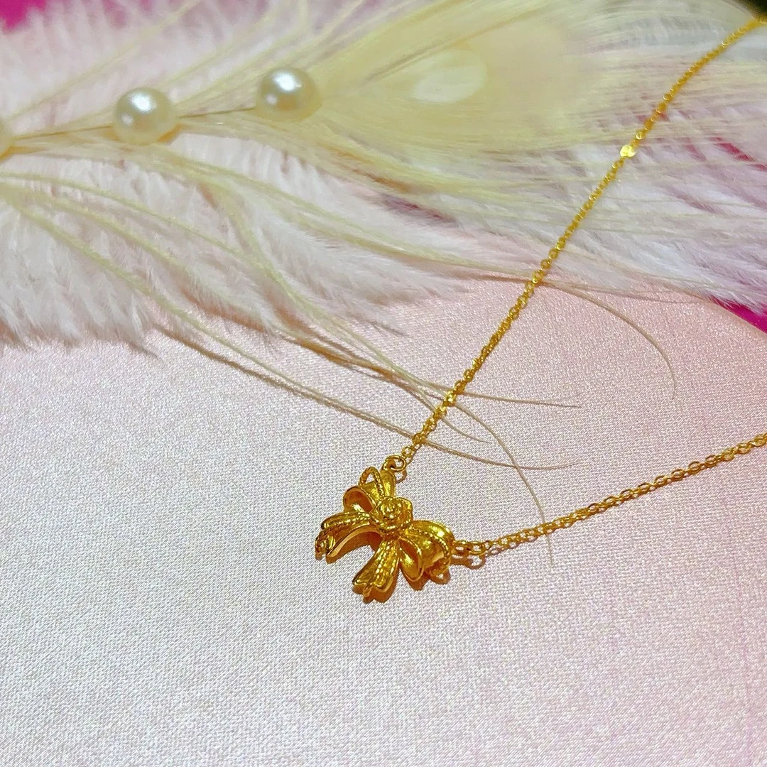 黄金套链玫瑰花蝴蝶结镂空精致款项链足金999时尚个性小众