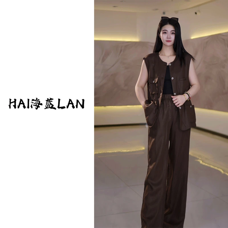 【奶茶】2025春夏新款老钱风马甲时尚+高定轻奢气质显瘦阔腿裤套装