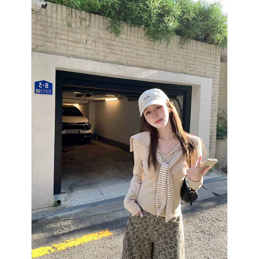 【森野拼图】海军领T恤修身设计感外穿长袖针织衫女