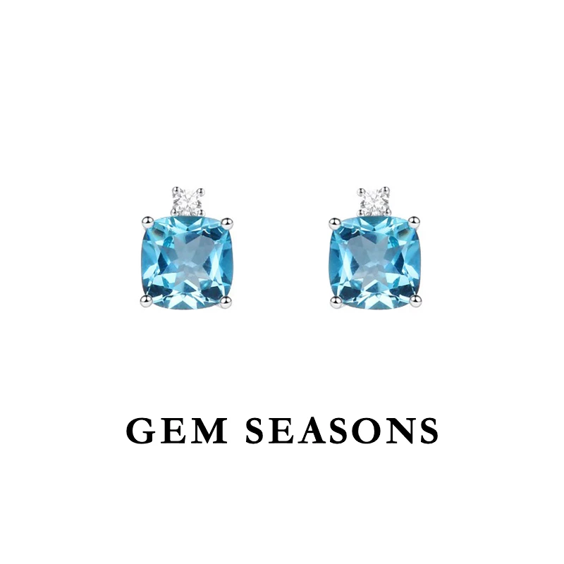 GEM SEASONS天然托帕石耳钉 蓝色方糖宝石简约时尚百搭款耳饰女
