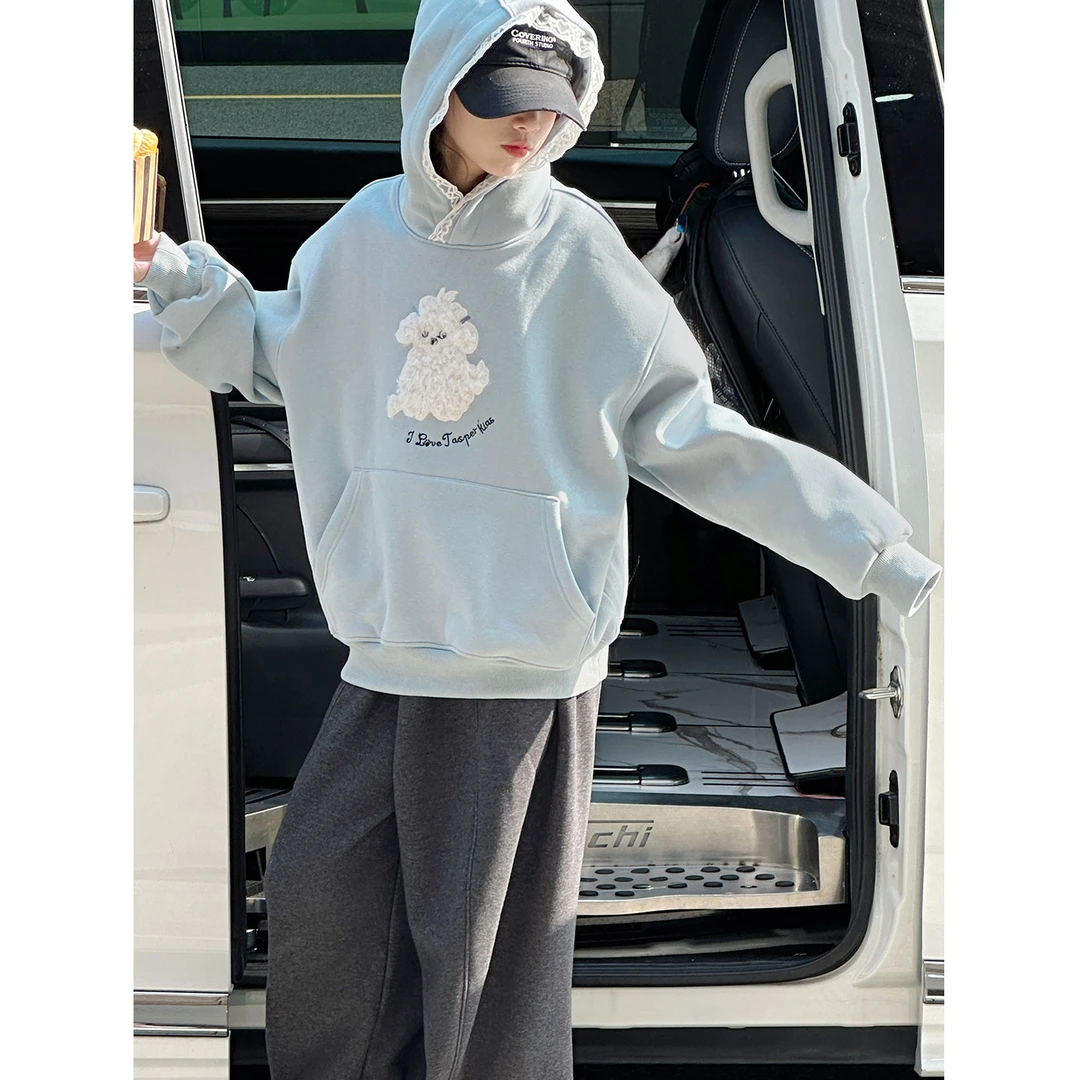 K30402孙小美蕾丝帽檐女童加绒卫衣秋冬新款2025大童儿童加厚连帽