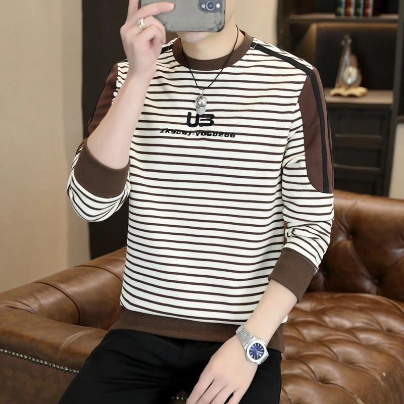 新款条纹卫衣男潮流长袖t恤帅气套头春秋季青年拼接打底衫上衣服