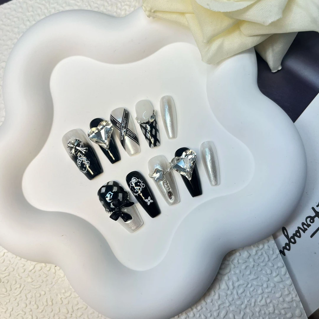 高级感穿戴甲【嘉鑫原创】甜酷辣妹风纯手工穿戴甲性感网格黑色