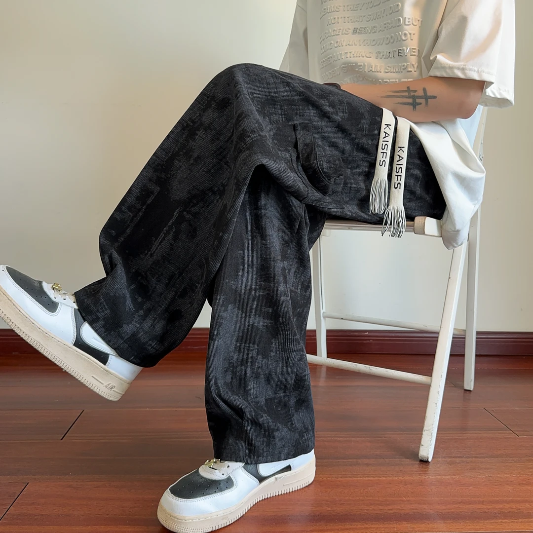 早秋美式扎染裤子男直筒大码ins百搭长裤复古高街宽松潮牌休闲裤