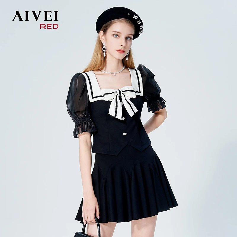 AIVEI欣贺艾薇新减龄蝴蝶结上衣高腰短裙P036S016