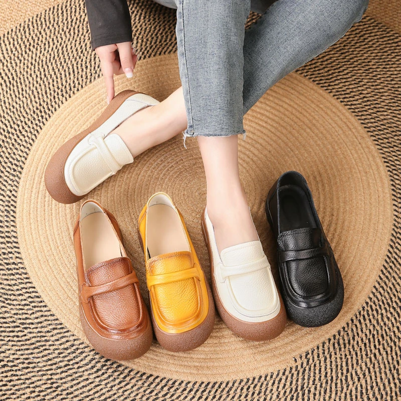 新款包头复古真皮中老年妈妈鞋软皮软面防滑平底圆头休闲豆豆鞋