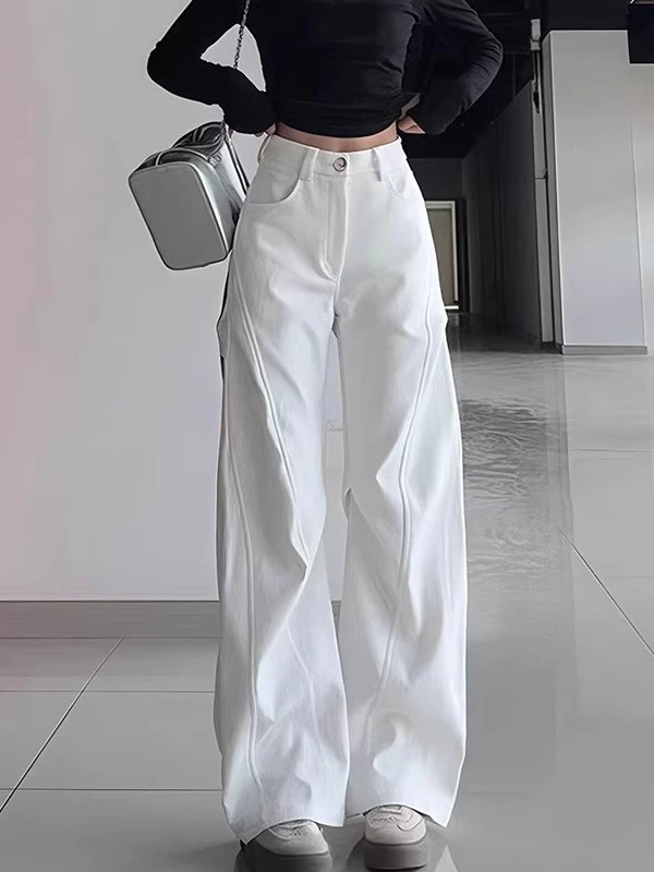 褶皱白色西装裤女 大码胖mm工装弯刀阔腿裤子