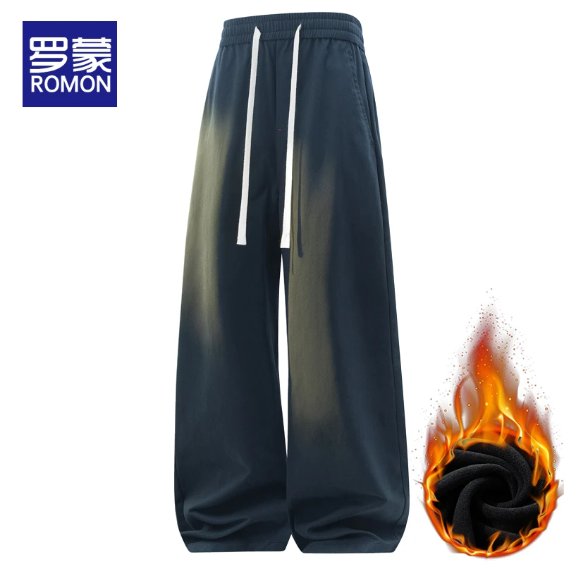 罗蒙男士秋冬季加绒加厚卫裤潮流直筒宽松运动裤子男款保暖休闲裤