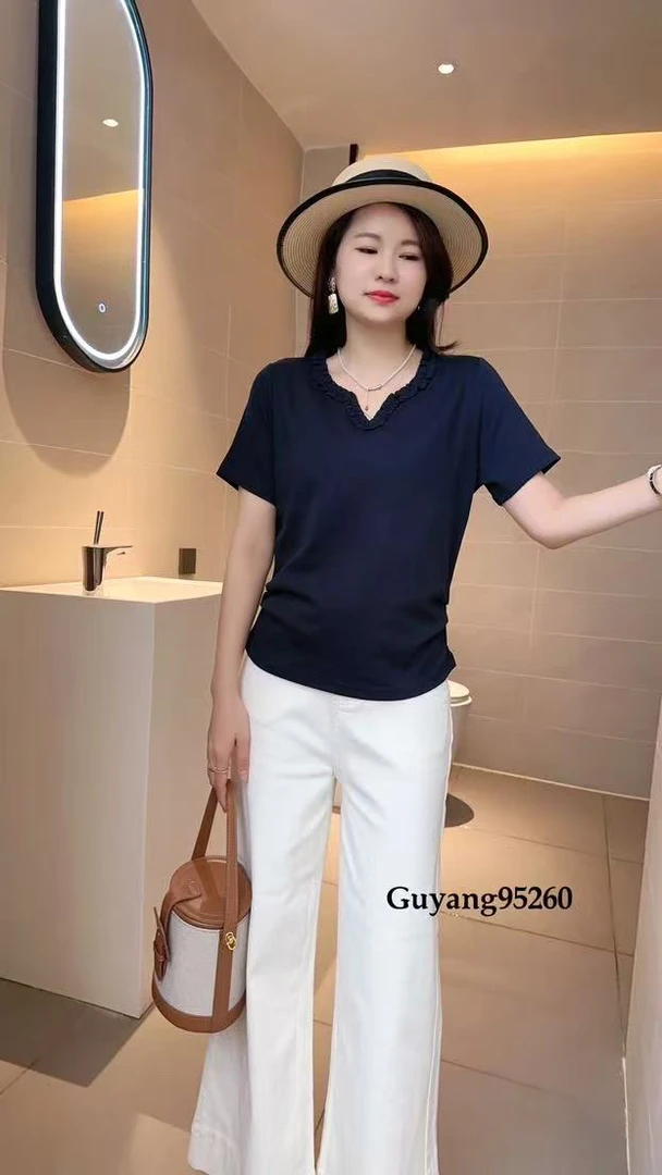古扬夏天新款小V领短袖上衣95260