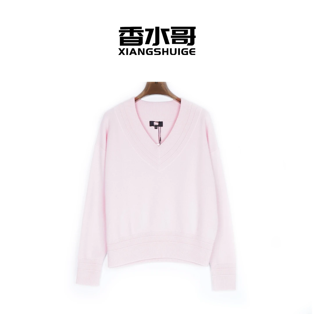 2025秋冬新品女设计感山羊绒V领套头衫长袖针织纯色休闲粉色毛衣
