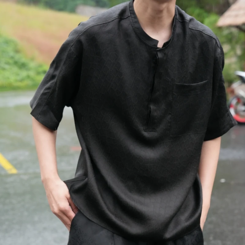 【松花酿酒】100%桑蚕丝鎏金冠乐绉香云纱丝绸真丝短袖男士休闲夏季