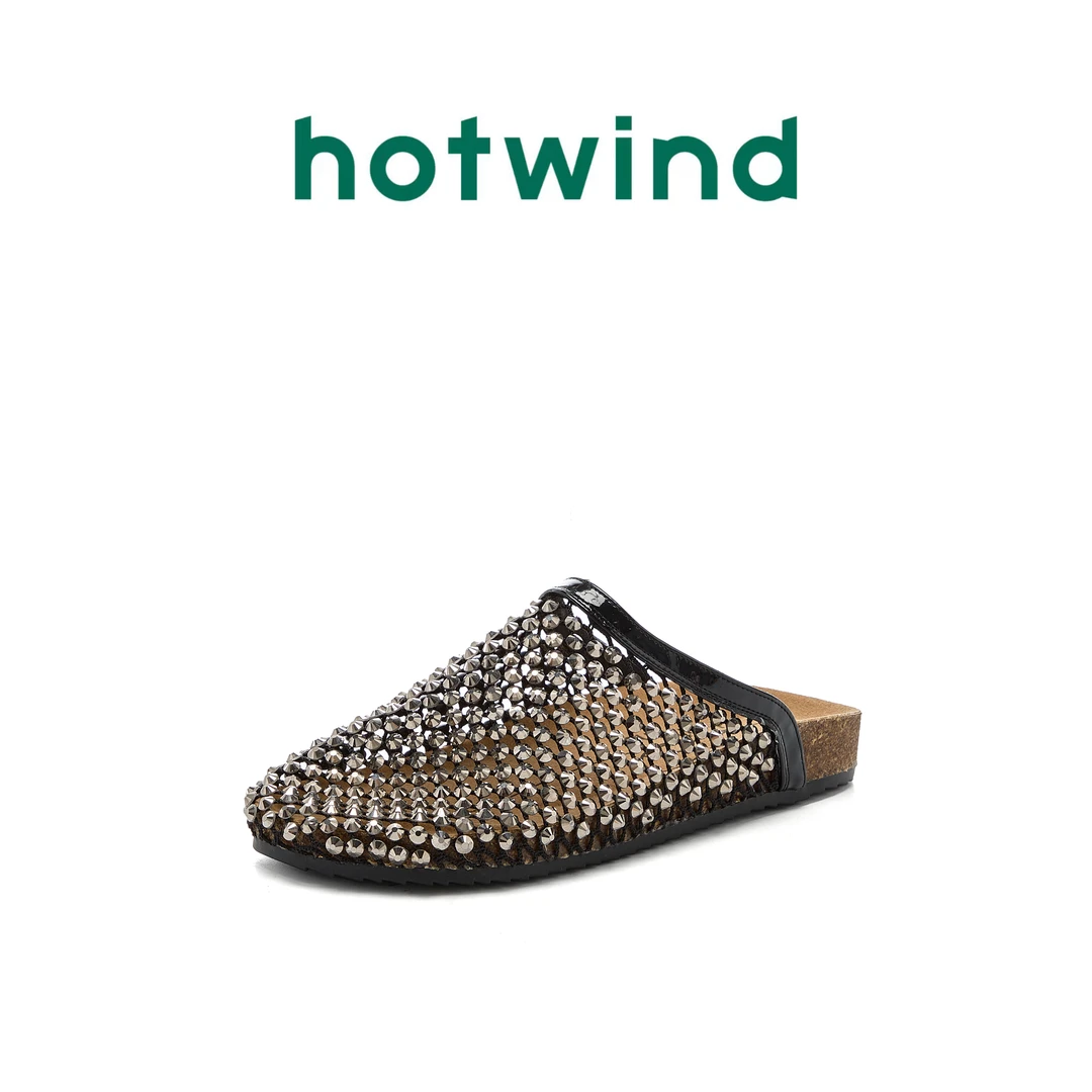 Hotwind/热风2025夏季水钻单鞋渔网包头拖鞋低跟平底凉鞋女