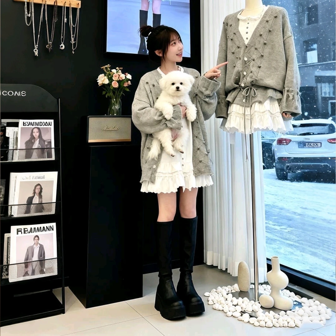 韩系早秋chic套装女甜美小香风镂空钩花v领针织衫上衣吊带连衣裙