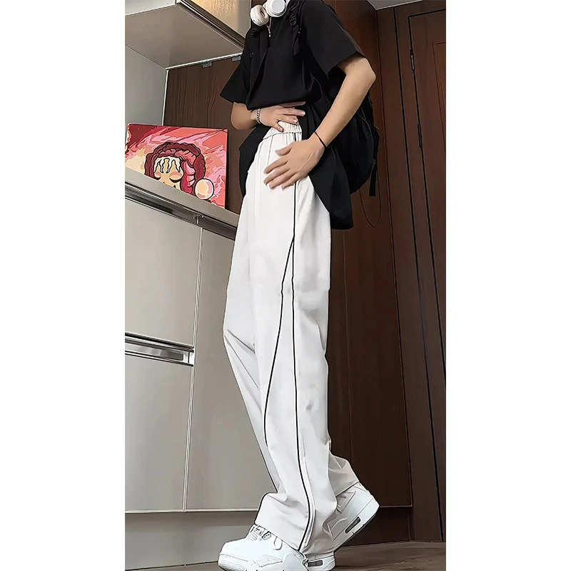 侧边条纹冰丝裤子男夏季薄款美式高街潮牌运动裤垂坠感直筒休闲裤