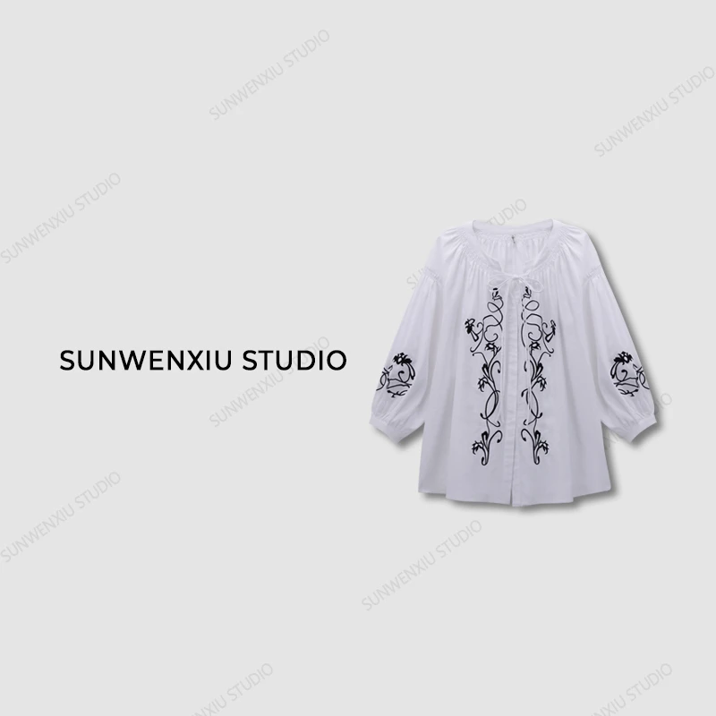 swx studio5店 “波西元素”苎麻万针刺绣设计感夏日防晒衬衫