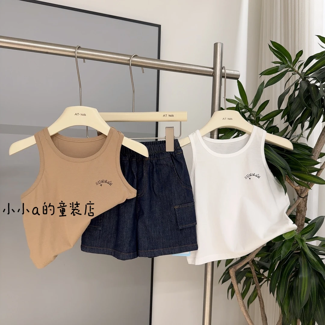 2025夏夏日清凉韩国男女童纯棉薄款工字坎肩儿童宽松字母无袖背心