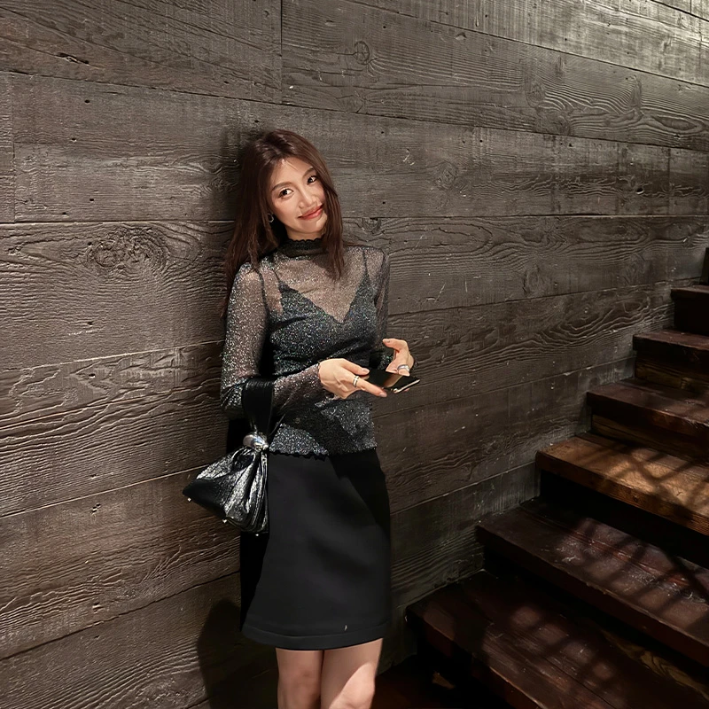 【ALONE SAVOR】龍喜儿星河 网纱花边长袖修身小衫T095