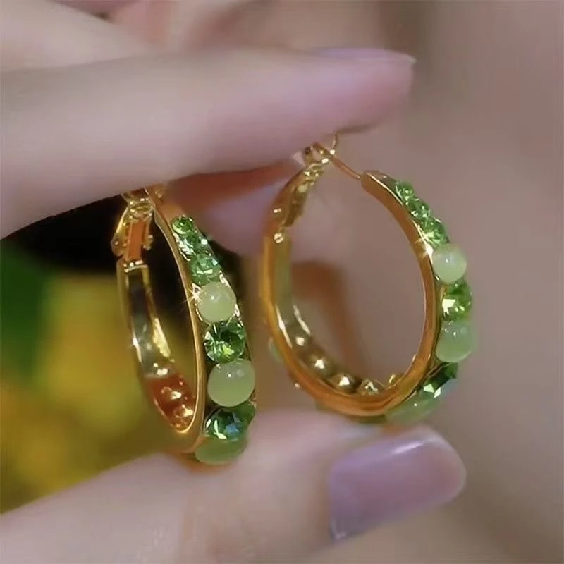 合金耳饰 欧美耳圈轻奢日韩耳扣女银色耳环绿色百搭复古简约甜美