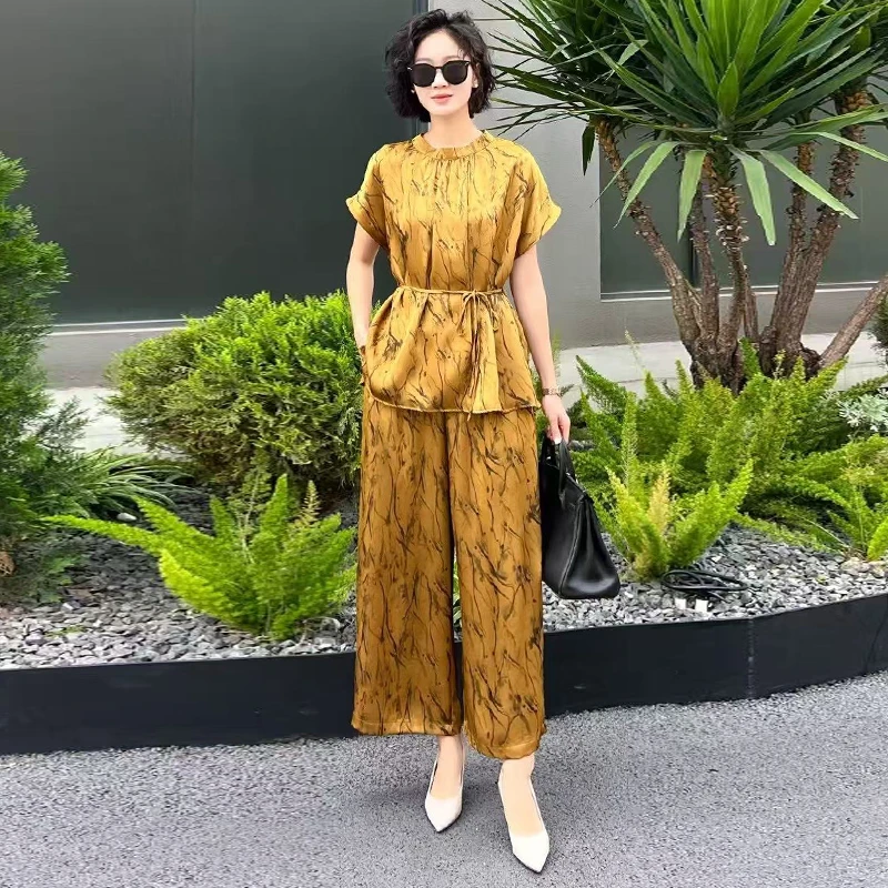 210大码复古新中式醋酸遮肚显瘦印花上衣宽松阔腿裤气质两件套装