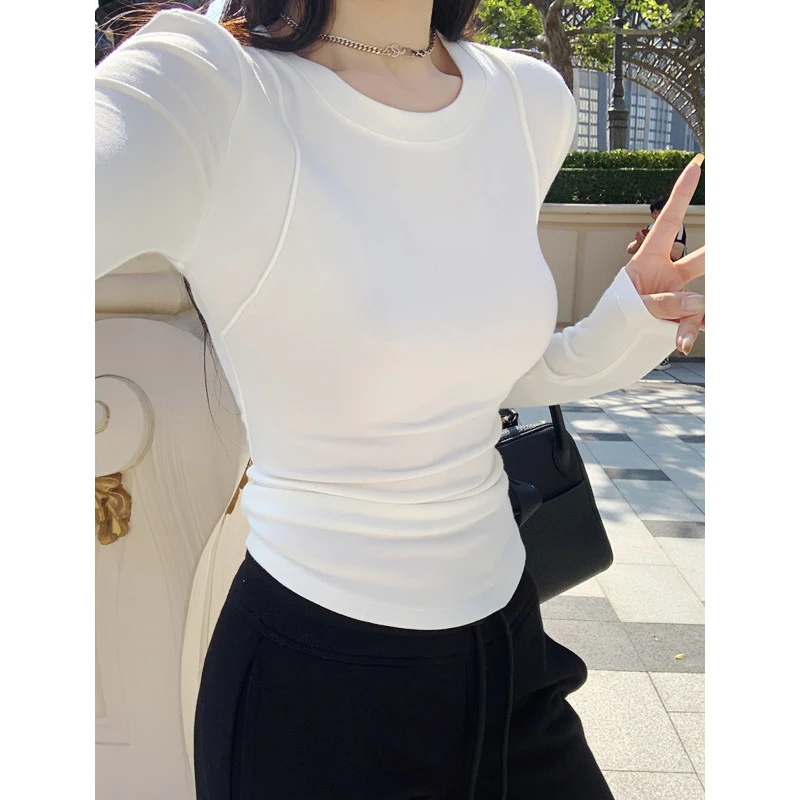 磨毛白色内搭打底衫女内搭T恤2025年春款百搭修身正肩长袖上衣服