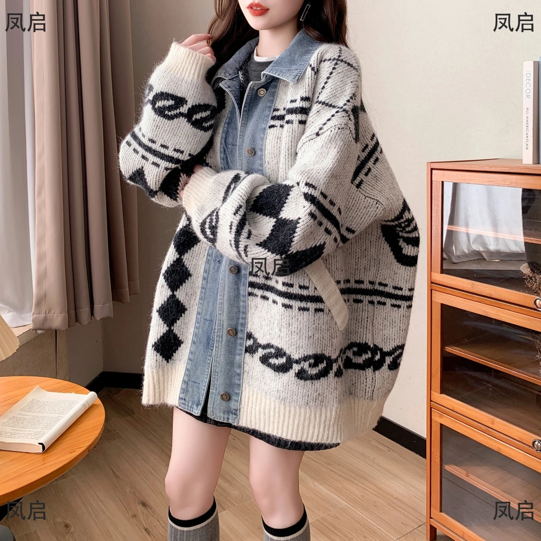 宽松大码慵懒风牛仔拼接针织开衫女秋冬季高级感复古时尚毛衣外套
