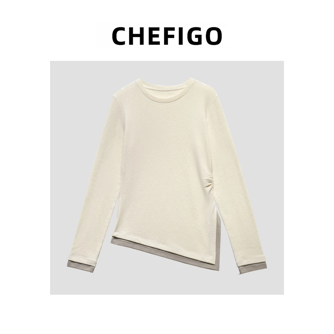CHEFIGO假两件收腰捏褶长袖T