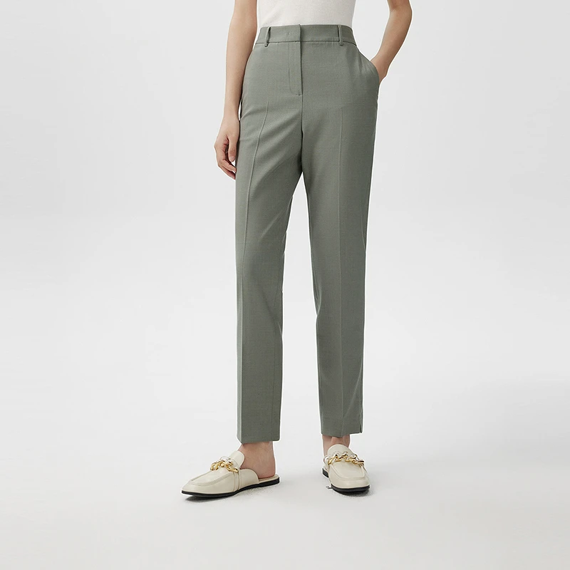 LANCY/朗姿2024春季新款修身直筒羊毛铅笔裤女高腰通勤丝