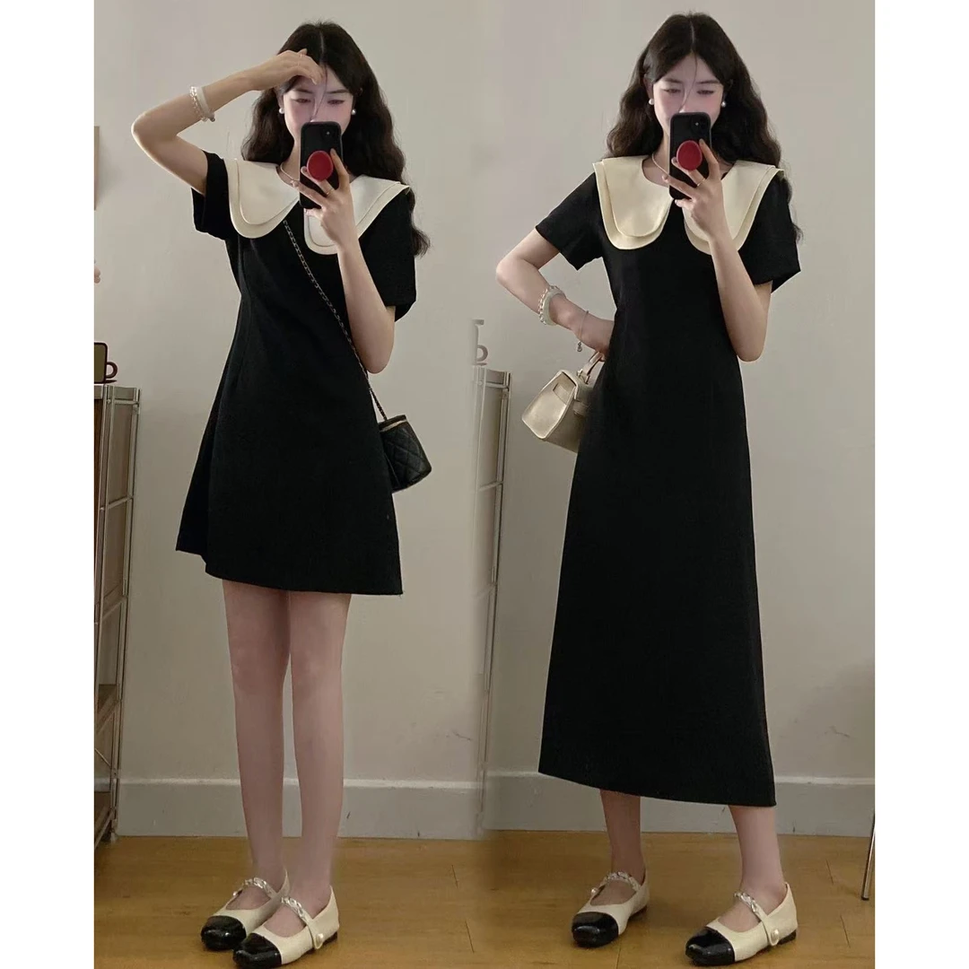 大码女装2025夏季娃娃领拼接新款法式气质收腰娃娃领黑色连衣裙子