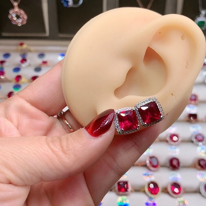 红宝石耳饰银S925镶嵌8银色