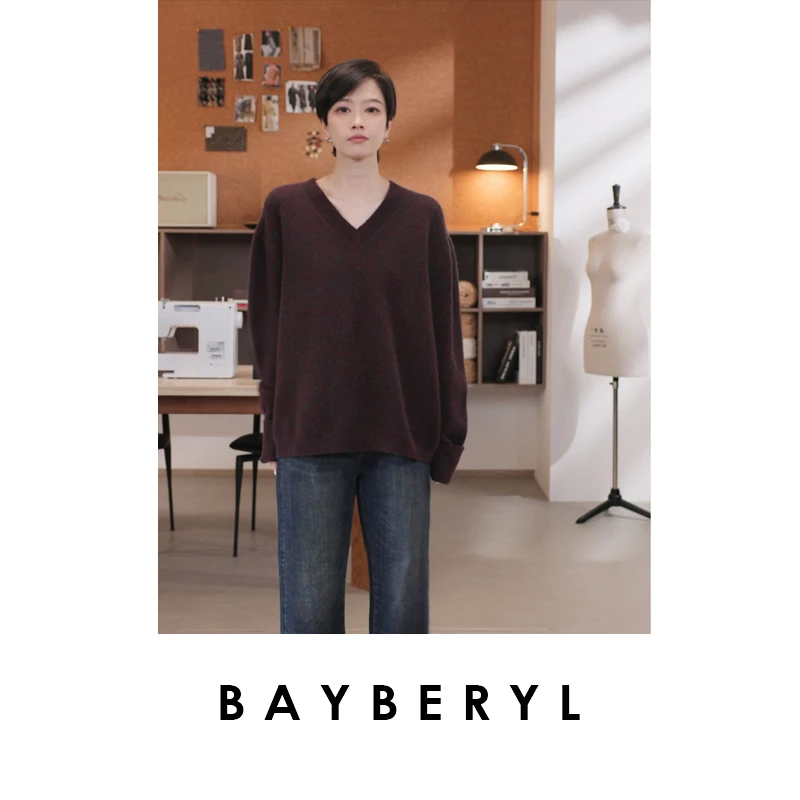 BAYBERYL老贝夹花*翻袖丝羊绒柔气质秋V领针织衫9ZZS5H2142-8/24