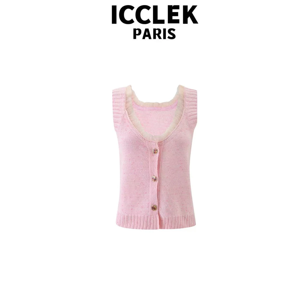 ICCLEK夏季粉色V领荷叶边背心百搭气质名媛修身显瘦短袖减龄-5803