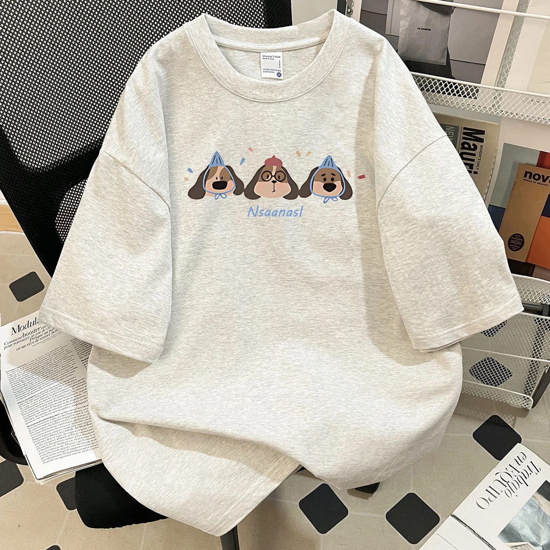 中大童100%纯棉美式复古卡通狗狗宽松短袖白灰色t恤儿童短袖上衣