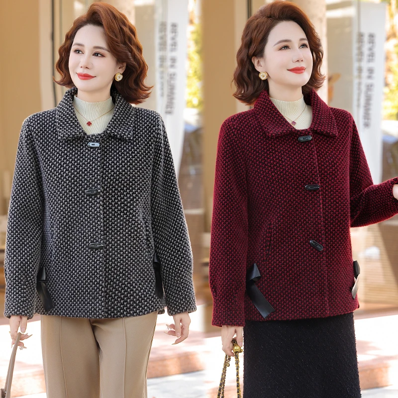 中年妈妈装秋冬季时尚休闲毛呢上衣新款中老年女装冬季加厚外套
