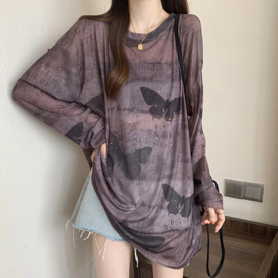 薄款网纱防晒衫T恤夏季大码女装胖mm显瘦中长款扎染上衣微透罩衫