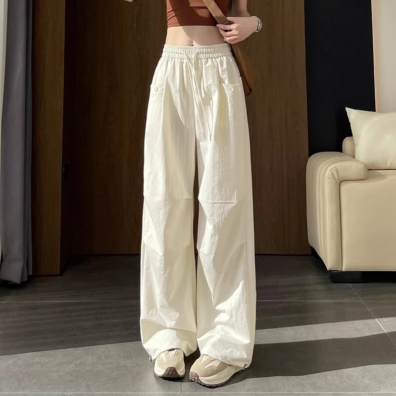 米白色美式速干工装裤女2025夏季薄款慵懒日系冰丝户外运动阔腿裤